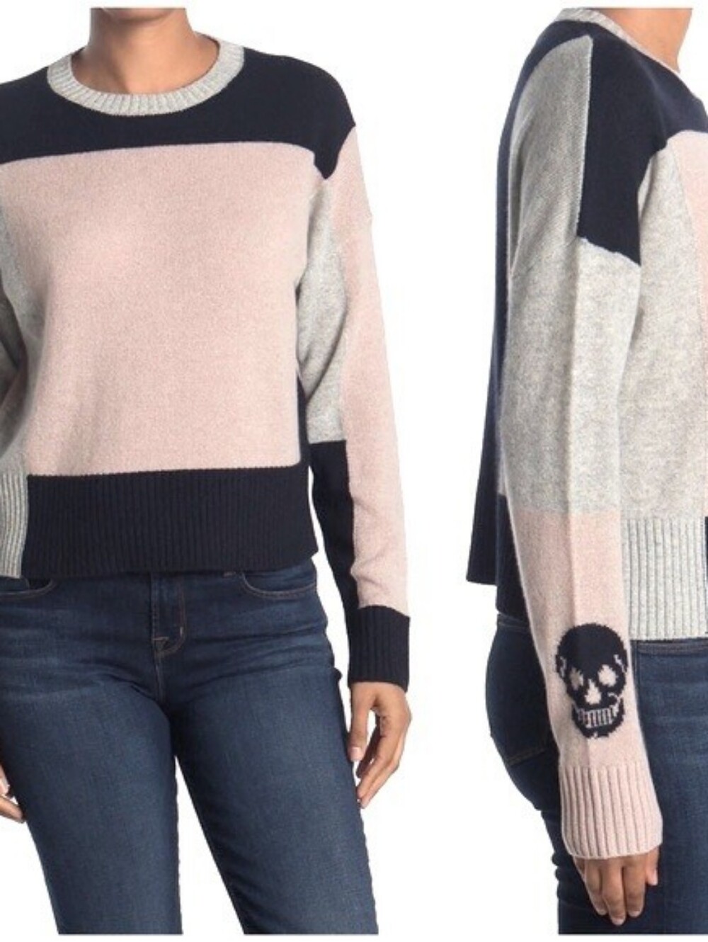 Skull Cashmere Colorblock Crewneck Sweater in Black, Blush, and Gray